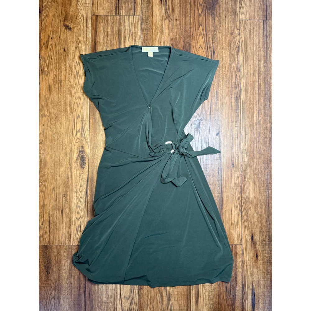 Michael Kors Olive Green V-Neck Faux Wrap Dress with Gold O-Ring Detail Size S